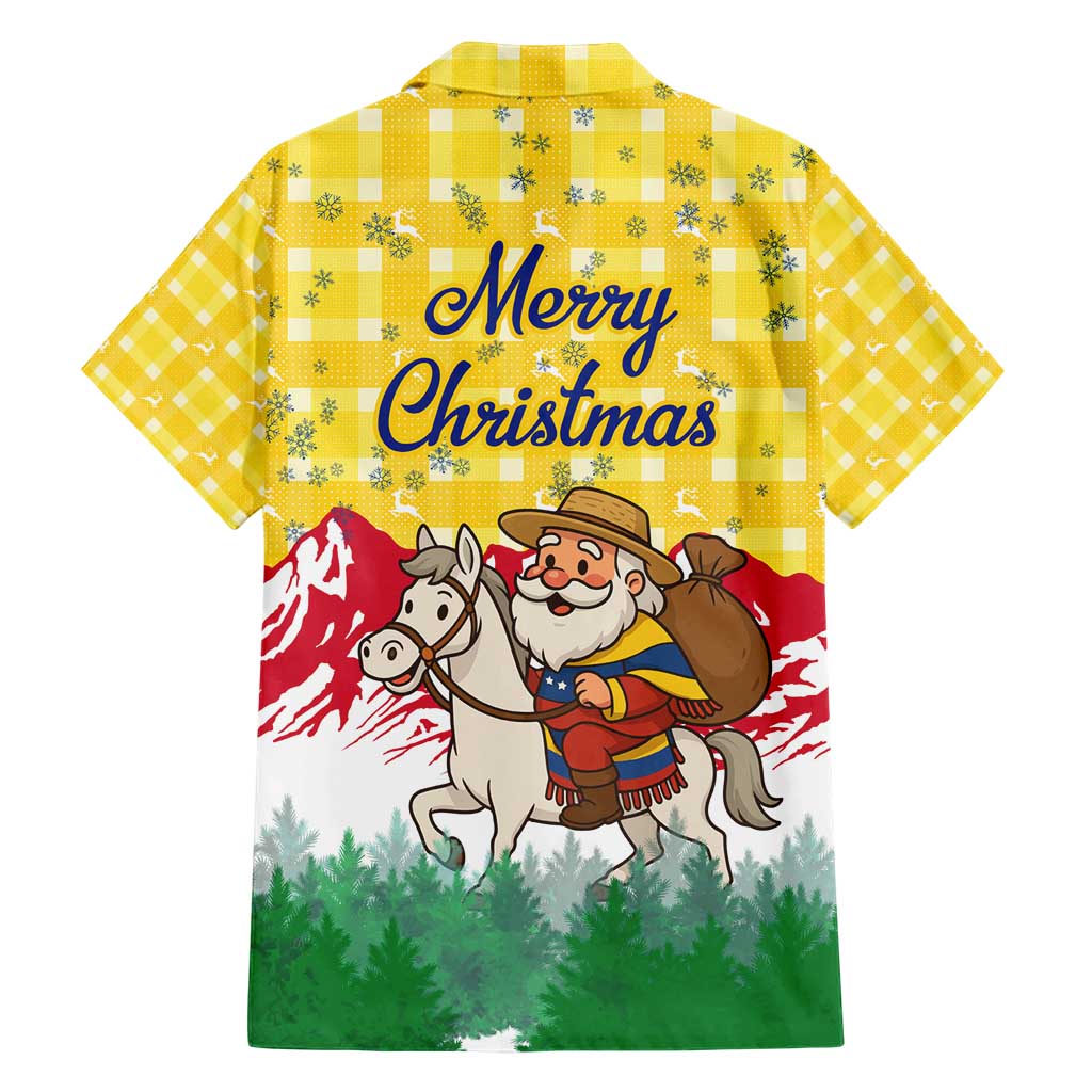 Venezuela Christmas Family Matching Short Sleeve Bodycon Dress and Hawaiian Shirt with Santa on Horse Traditional Outfit Snowflakes and Yellow Plaid - Wonder Print Shop
