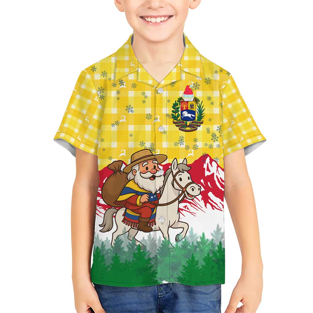 Venezuela Christmas Family Matching Short Sleeve Bodycon Dress and Hawaiian Shirt with Santa on Horse Traditional Outfit Snowflakes and Yellow Plaid - Wonder Print Shop