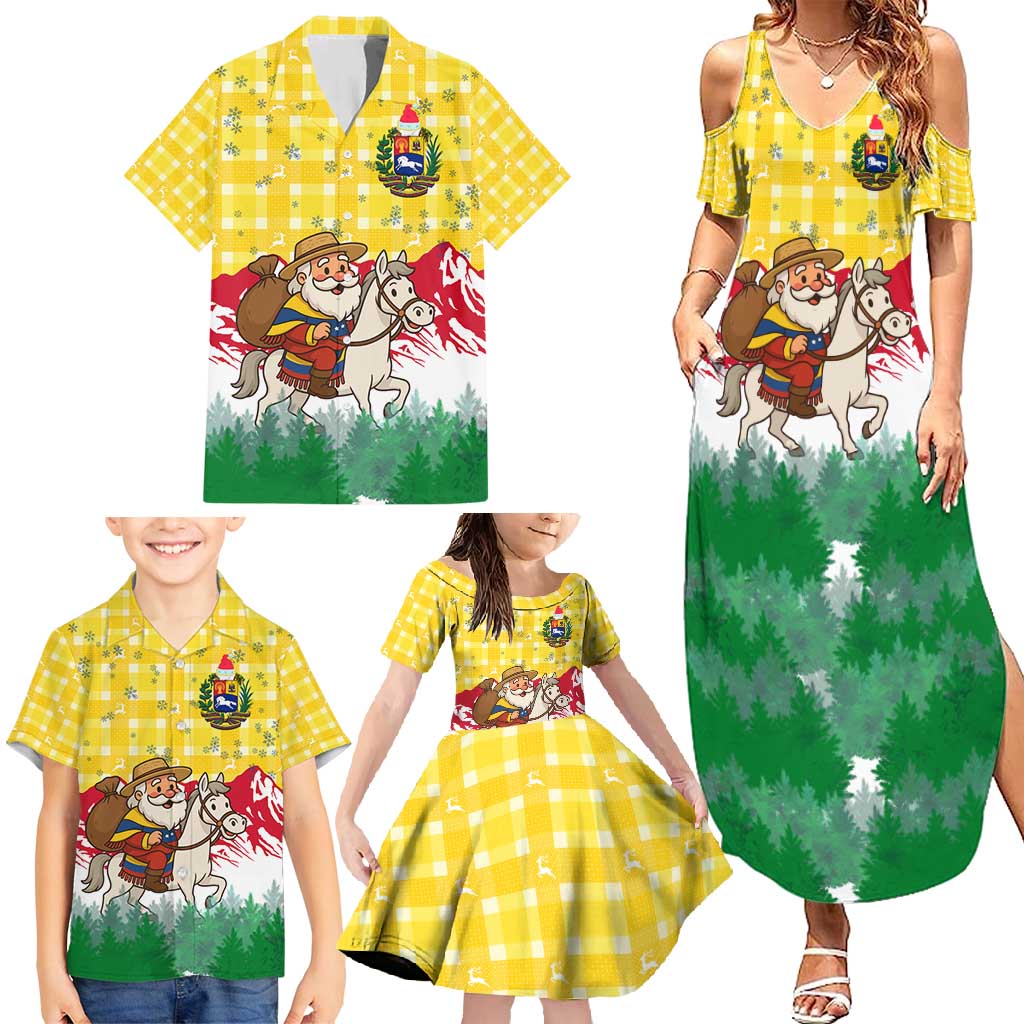 Venezuela Christmas Family Matching Summer Maxi Dress and Hawaiian Shirt with Santa on Horse Traditional Outfit Snowflakes and Yellow Plaid - Wonder Print Shop
