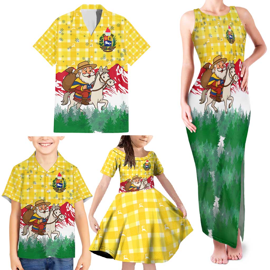 Venezuela Christmas Family Matching Tank Maxi Dress and Hawaiian Shirt with Santa on Horse Traditional Outfit Snowflakes and Yellow Plaid - Wonder Print Shop