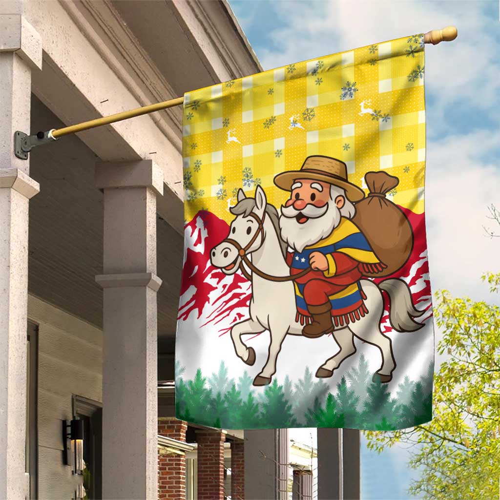 Venezuela Christmas Garden Flag with Santa on Horse Traditional Outfit Snowflakes and Yellow Plaid - Wonder Print Shop