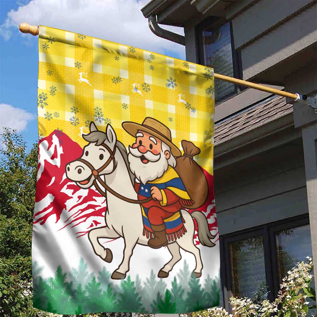 Venezuela Christmas Garden Flag with Santa on Horse Traditional Outfit Snowflakes and Yellow Plaid - Wonder Print Shop