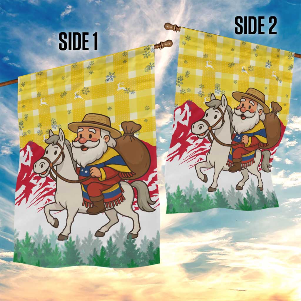 Venezuela Christmas Garden Flag with Santa on Horse Traditional Outfit Snowflakes and Yellow Plaid - Wonder Print Shop