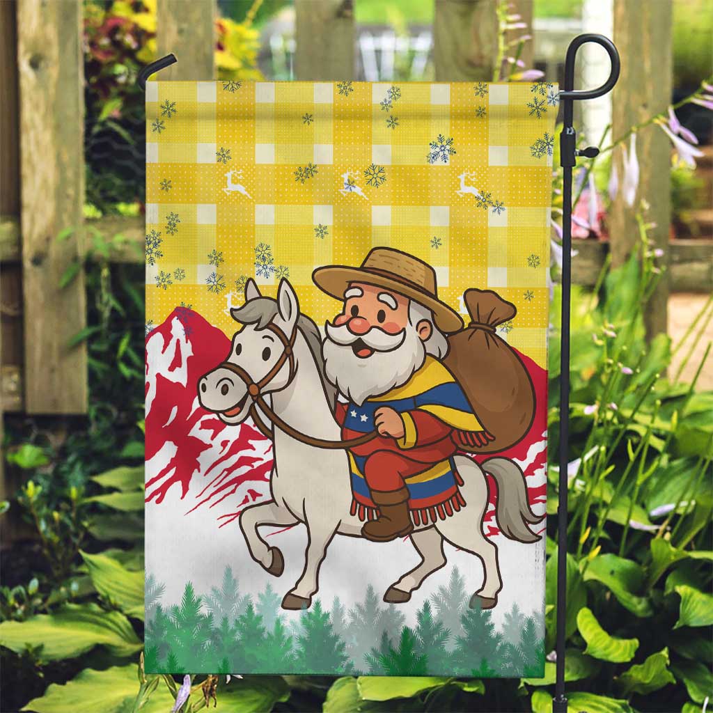 Venezuela Christmas Garden Flag with Santa on Horse Traditional Outfit Snowflakes and Yellow Plaid - Wonder Print Shop