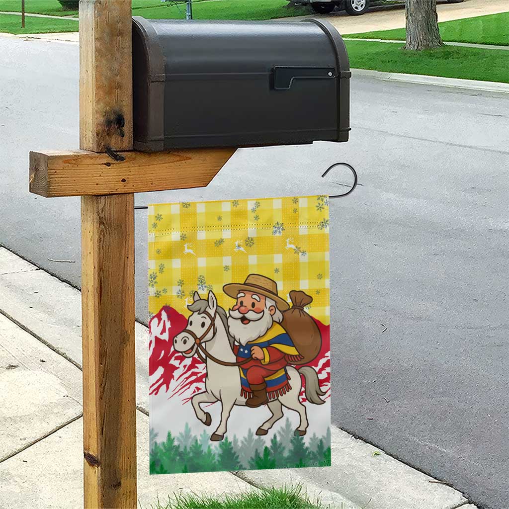 Venezuela Christmas Garden Flag with Santa on Horse Traditional Outfit Snowflakes and Yellow Plaid - Wonder Print Shop