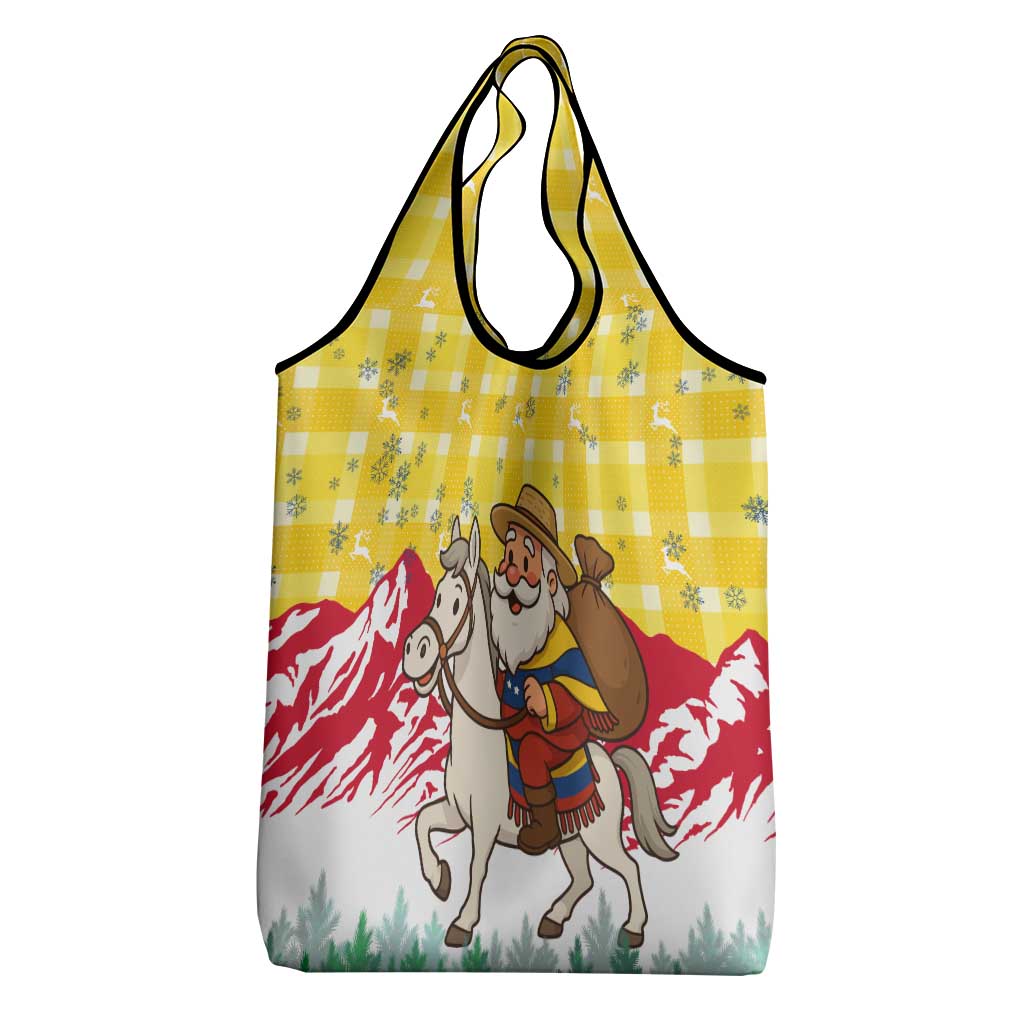 Venezuela Christmas Grocery Bag with Santa on Horse Traditional Outfit Snowflakes and Yellow Plaid - Wonder Print Shop