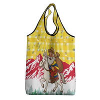 Venezuela Christmas Grocery Bag with Santa on Horse Traditional Outfit Snowflakes and Yellow Plaid - Wonder Print Shop