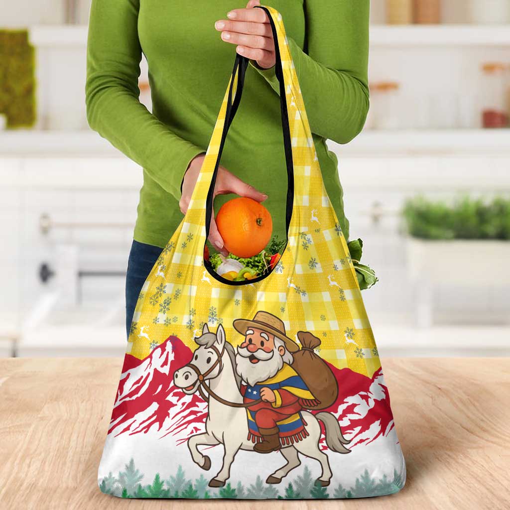 Venezuela Christmas Grocery Bag with Santa on Horse Traditional Outfit Snowflakes and Yellow Plaid - Wonder Print Shop