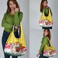 Venezuela Christmas Grocery Bag with Santa on Horse Traditional Outfit Snowflakes and Yellow Plaid - Wonder Print Shop