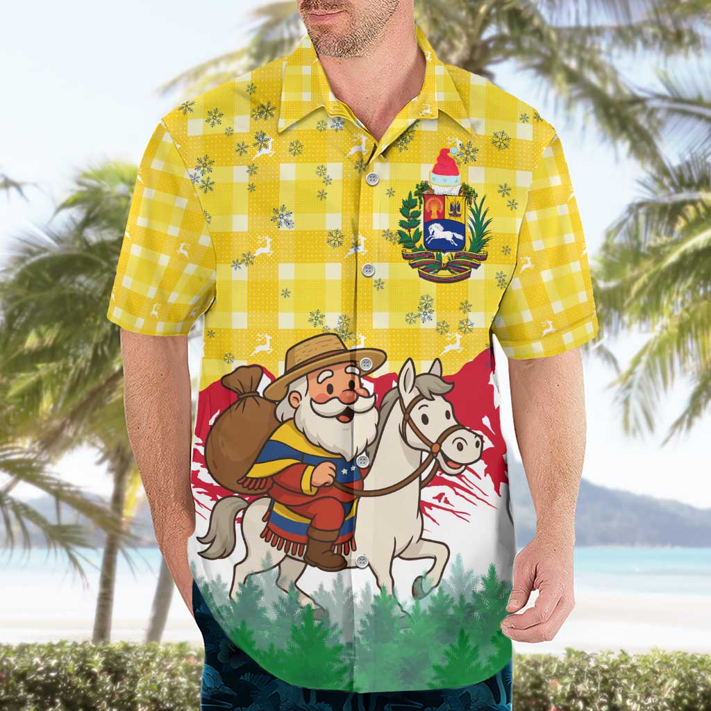 Venezuela Christmas Hawaiian Shirt with Santa on Horse Traditional Outfit Snowflakes and Yellow Plaid - Wonder Print Shop