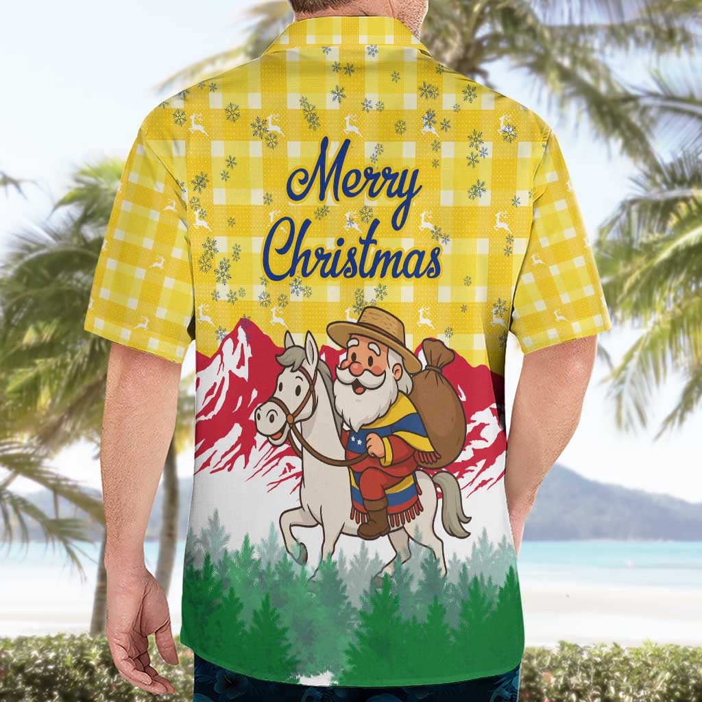 Venezuela Christmas Hawaiian Shirt with Santa on Horse Traditional Outfit Snowflakes and Yellow Plaid - Wonder Print Shop