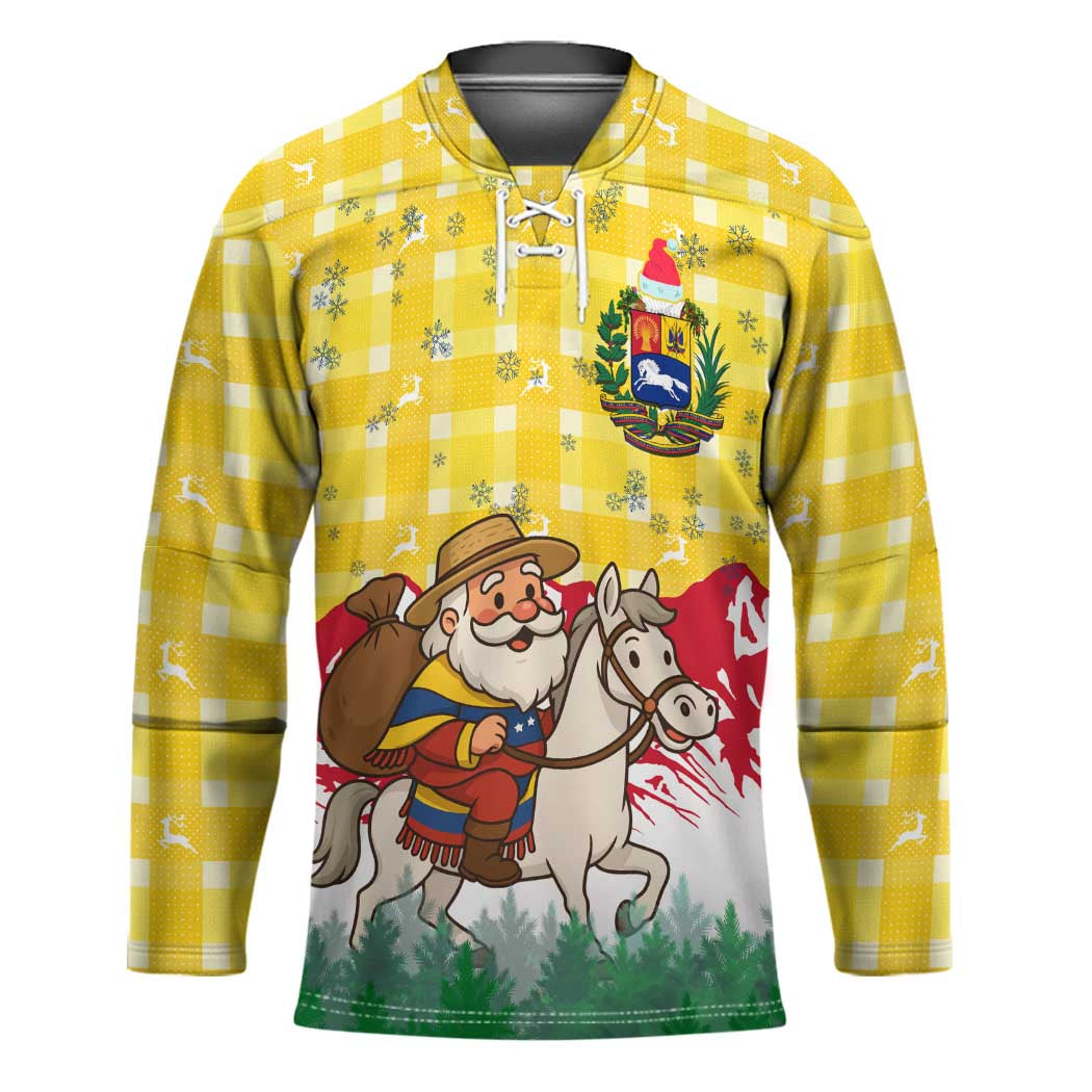 Venezuela Christmas Hockey Jersey with Santa on Horse Traditional Outfit Snowflakes and Yellow Plaid - Wonder Print Shop
