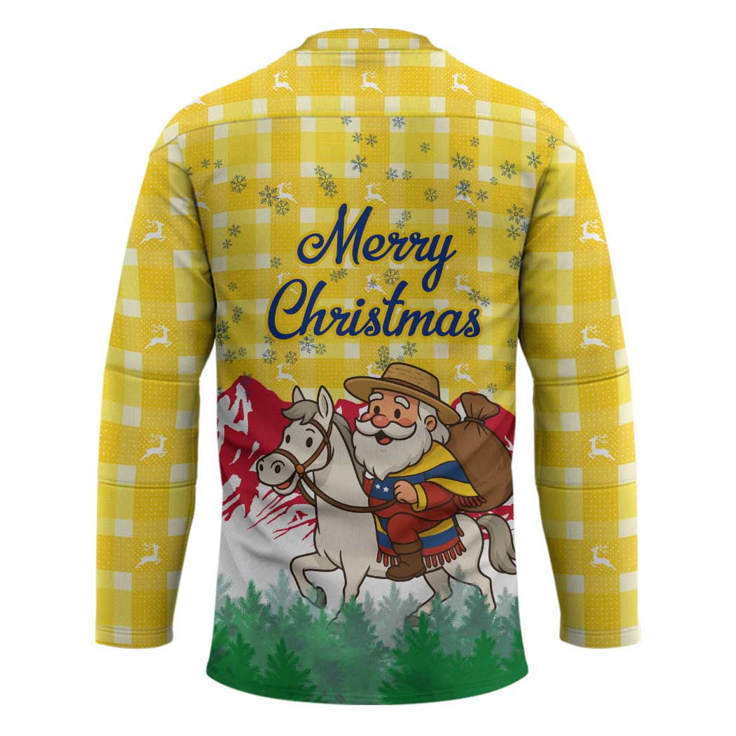 Venezuela Christmas Hockey Jersey with Santa on Horse Traditional Outfit Snowflakes and Yellow Plaid - Wonder Print Shop