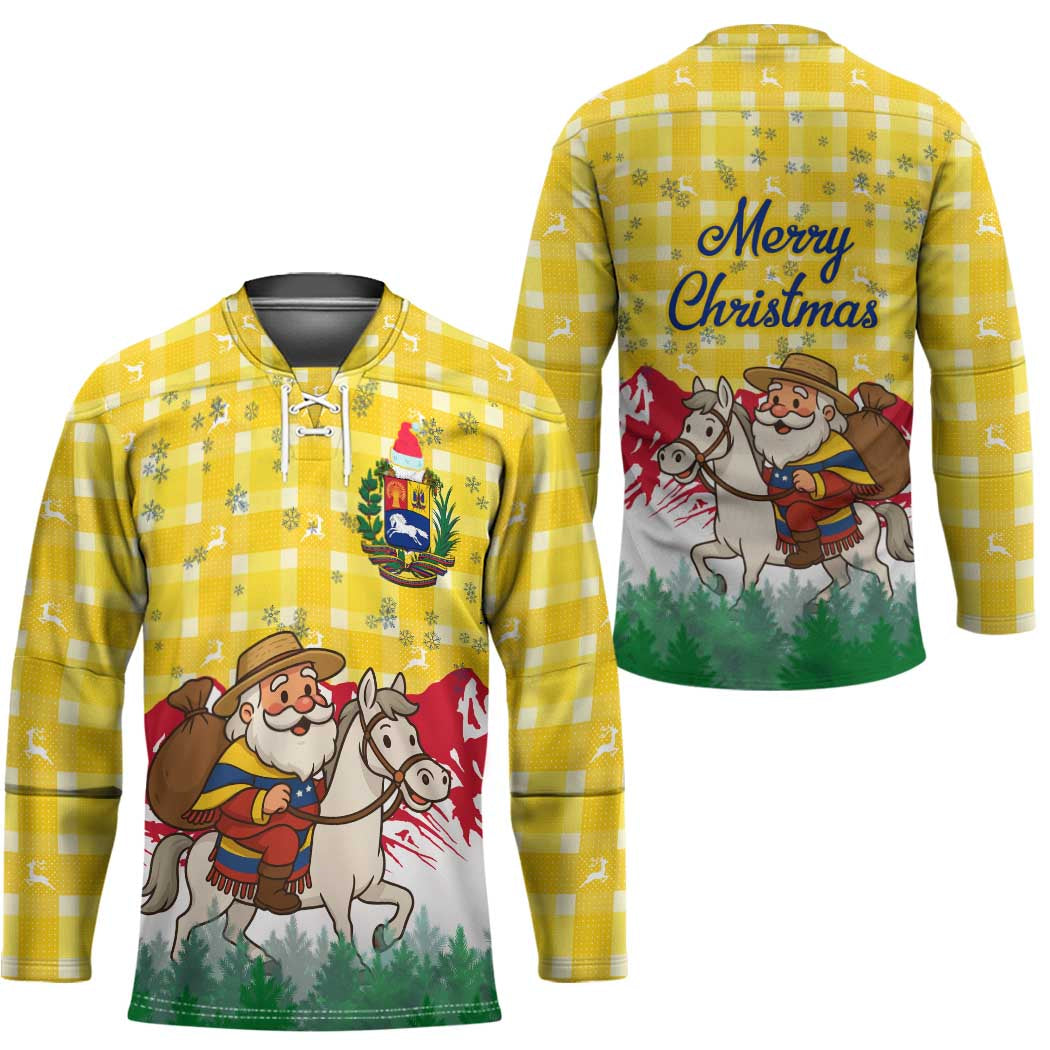 Venezuela Christmas Hockey Jersey with Santa on Horse Traditional Outfit Snowflakes and Yellow Plaid - Wonder Print Shop