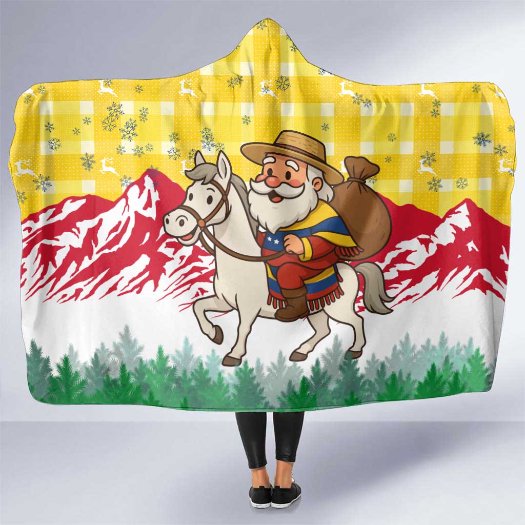Venezuela Christmas Hooded Blanket with Santa on Horse Traditional Outfit Snowflakes and Yellow Plaid - Wonder Print Shop