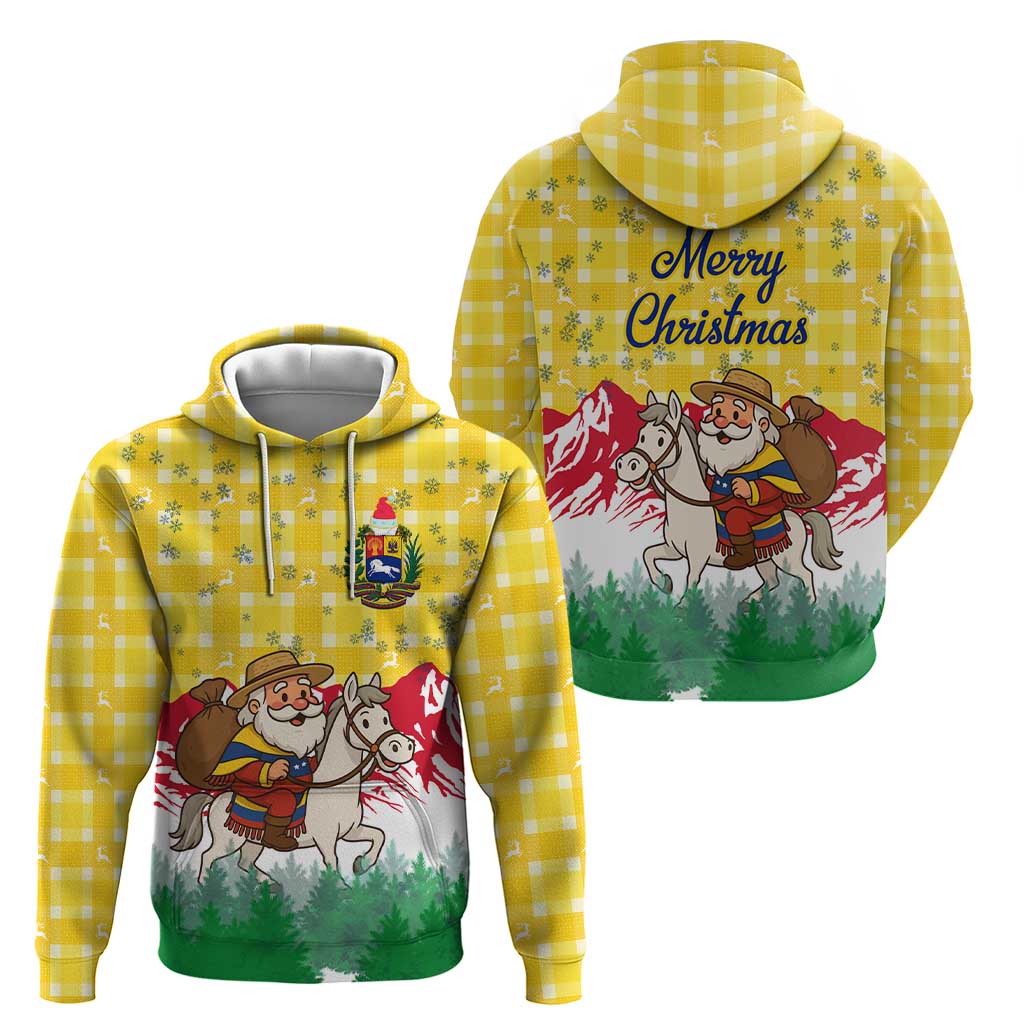 Venezuela Christmas Hoodie with Santa on Horse Traditional Outfit Snowflakes and Yellow Plaid - Wonder Print Shop
