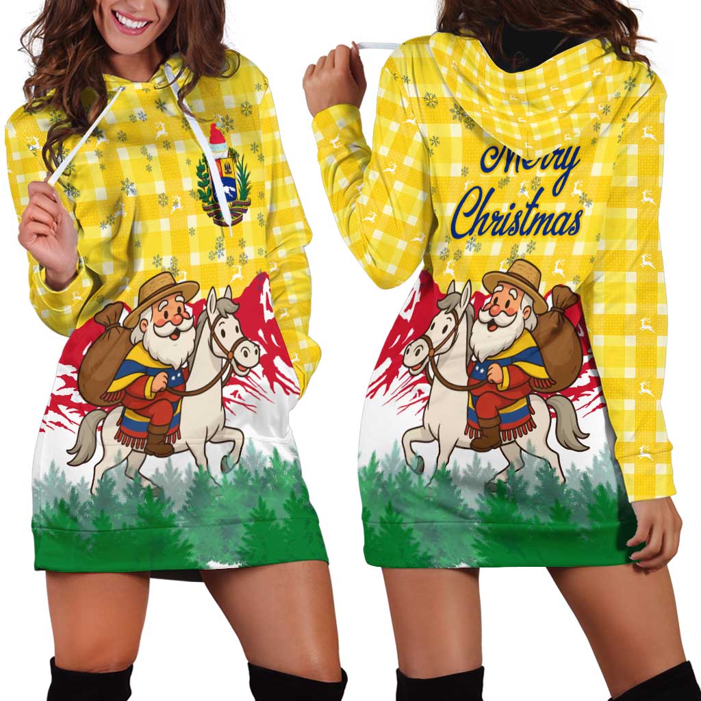 Venezuela Christmas Hoodie Dress with Santa on Horse Traditional Outfit Snowflakes and Yellow Plaid - Wonder Print Shop
