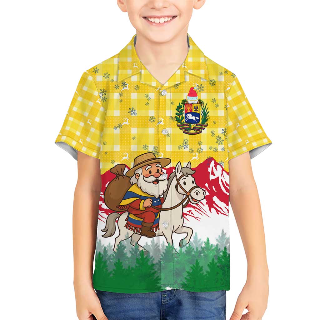 Venezuela Christmas Kid Hawaiian Shirt with Santa on Horse Traditional Outfit Snowflakes and Yellow Plaid - Wonder Print Shop