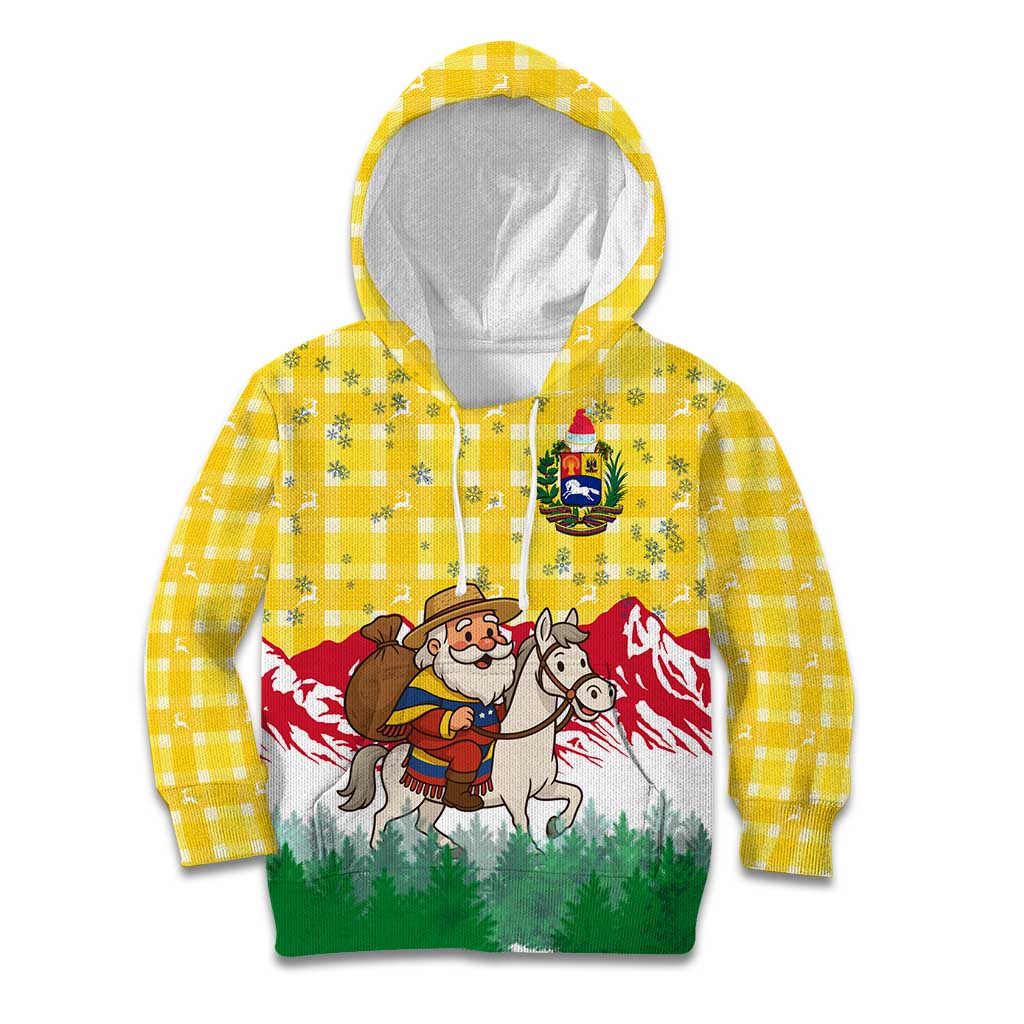 Venezuela Christmas Kid Hoodie with Santa on Horse Traditional Outfit Snowflakes and Yellow Plaid - Wonder Print Shop