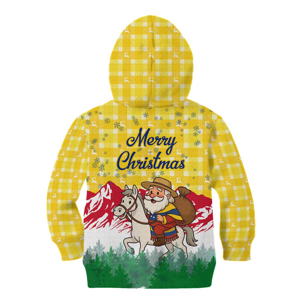 Venezuela Christmas Kid Hoodie with Santa on Horse Traditional Outfit Snowflakes and Yellow Plaid - Wonder Print Shop