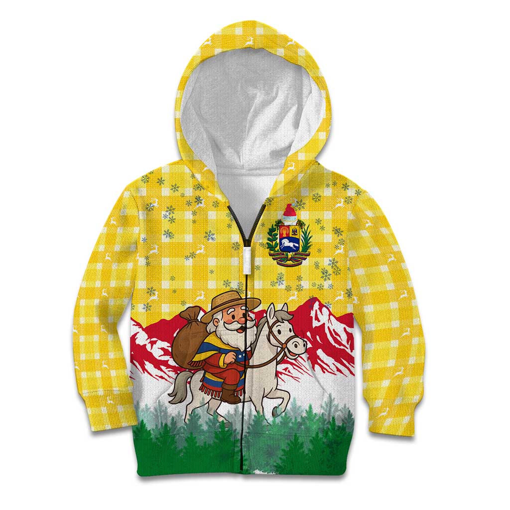 Venezuela Christmas Kid Hoodie with Santa on Horse Traditional Outfit Snowflakes and Yellow Plaid - Wonder Print Shop