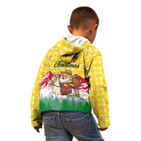 Venezuela Christmas Kid Hoodie with Santa on Horse Traditional Outfit Snowflakes and Yellow Plaid - Wonder Print Shop