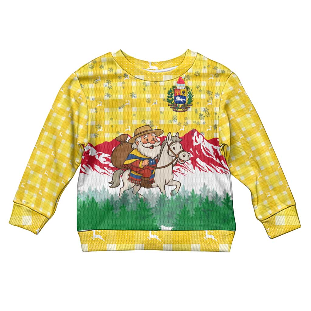 Venezuela Christmas Kid Ugly Christmas Sweater with Santa on Horse Traditional Outfit Snowflakes and Yellow Plaid - Wonder Print Shop