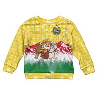 Venezuela Christmas Kid Ugly Christmas Sweater with Santa on Horse Traditional Outfit Snowflakes and Yellow Plaid - Wonder Print Shop