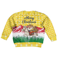 Venezuela Christmas Kid Ugly Christmas Sweater with Santa on Horse Traditional Outfit Snowflakes and Yellow Plaid - Wonder Print Shop