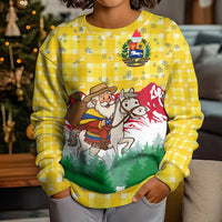 Venezuela Christmas Kid Ugly Christmas Sweater with Santa on Horse Traditional Outfit Snowflakes and Yellow Plaid - Wonder Print Shop