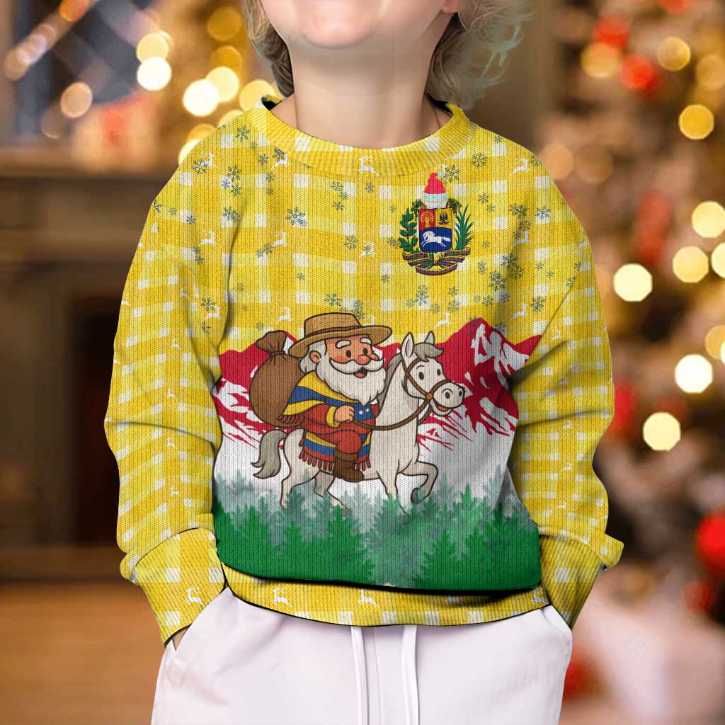 Venezuela Christmas Kid Ugly Christmas Sweater with Santa on Horse Traditional Outfit Snowflakes and Yellow Plaid - Wonder Print Shop