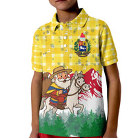 Venezuela Christmas Kid Polo Shirt with Santa on Horse Traditional Outfit Snowflakes and Yellow Plaid - Wonder Print Shop