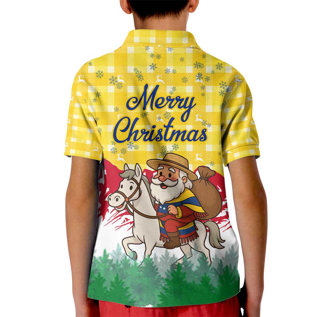 Venezuela Christmas Kid Polo Shirt with Santa on Horse Traditional Outfit Snowflakes and Yellow Plaid - Wonder Print Shop