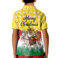 Venezuela Christmas Kid Polo Shirt with Santa on Horse Traditional Outfit Snowflakes and Yellow Plaid - Wonder Print Shop