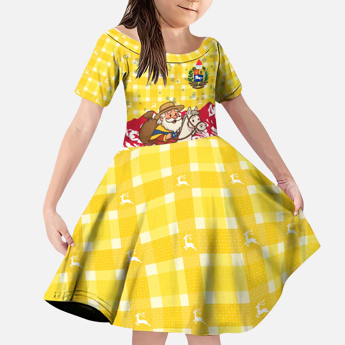 Venezuela Christmas Kid Short Sleeve Dress with Santa on Horse Traditional Outfit Snowflakes and Yellow Plaid - Wonder Print Shop