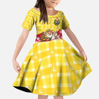 Venezuela Christmas Kid Short Sleeve Dress with Santa on Horse Traditional Outfit Snowflakes and Yellow Plaid - Wonder Print Shop