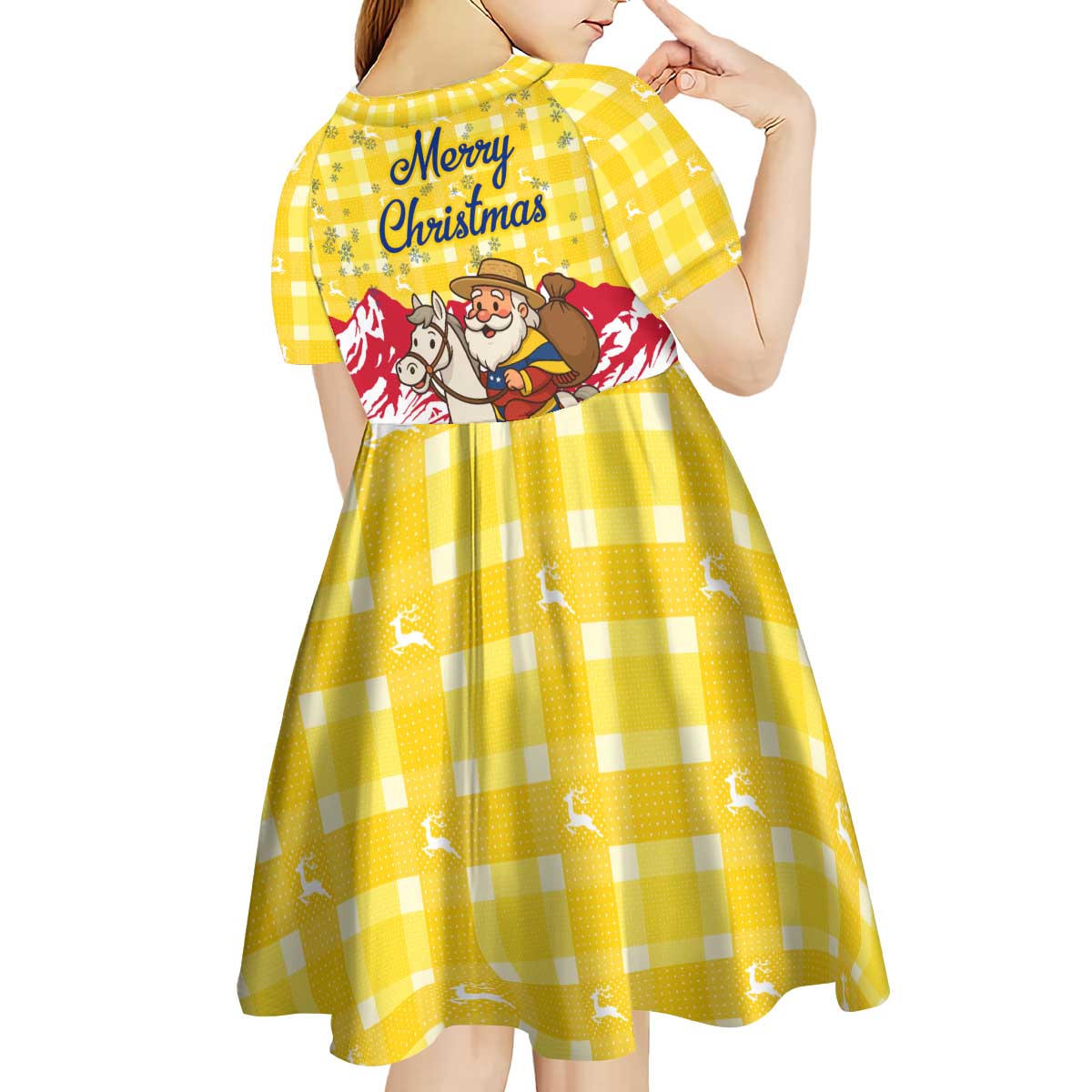 Venezuela Christmas Kid Short Sleeve Dress with Santa on Horse Traditional Outfit Snowflakes and Yellow Plaid - Wonder Print Shop
