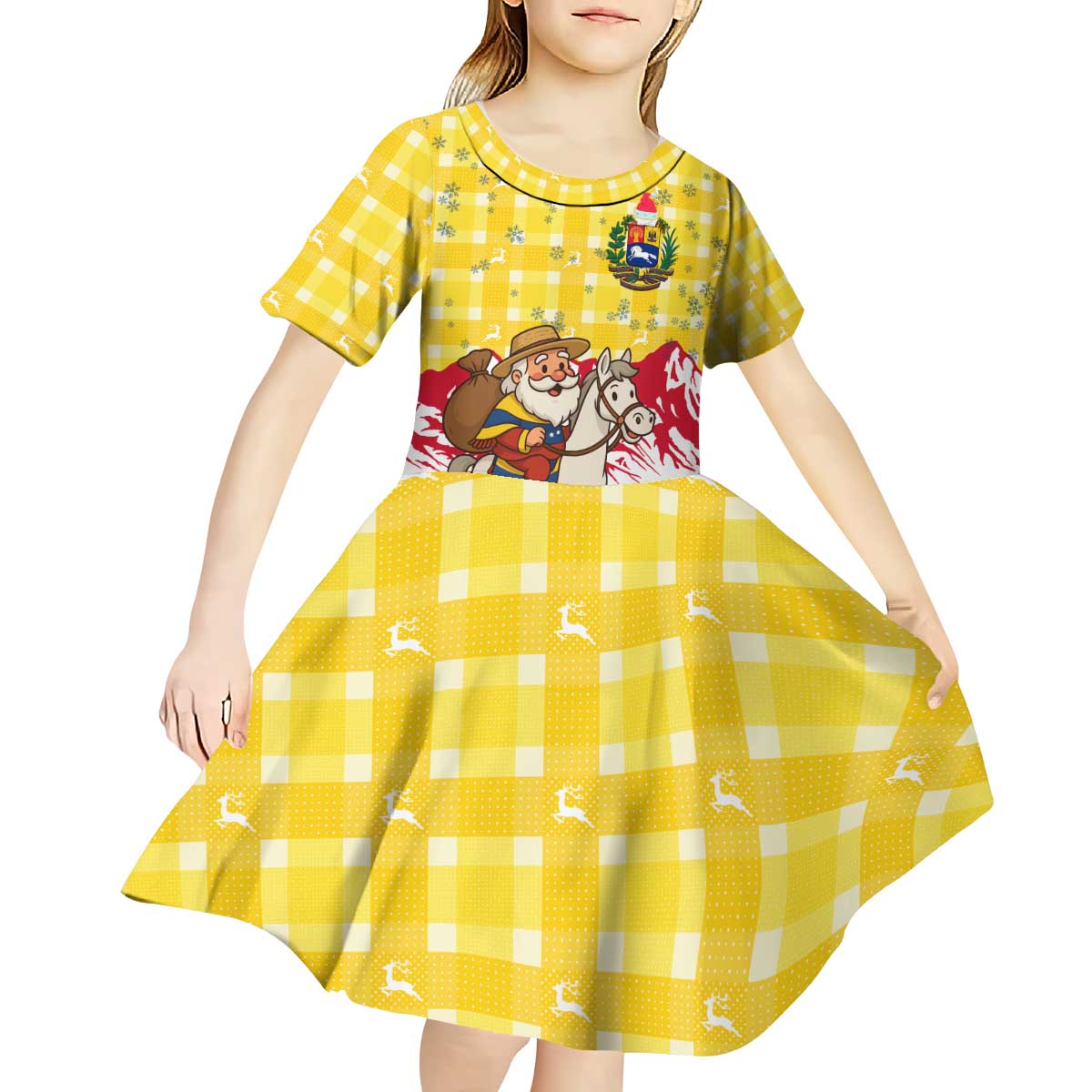 Venezuela Christmas Kid Short Sleeve Dress with Santa on Horse Traditional Outfit Snowflakes and Yellow Plaid - Wonder Print Shop