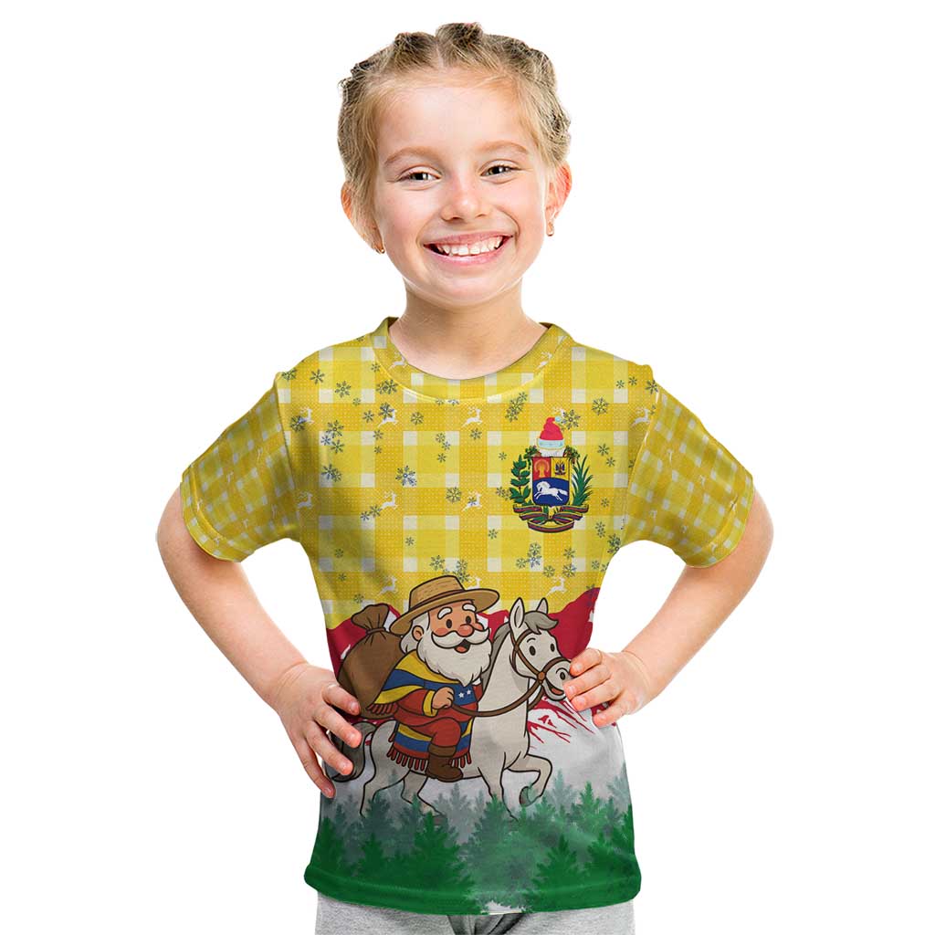 Venezuela Christmas Kid T Shirt with Santa on Horse Traditional Outfit Snowflakes and Yellow Plaid - Wonder Print Shop