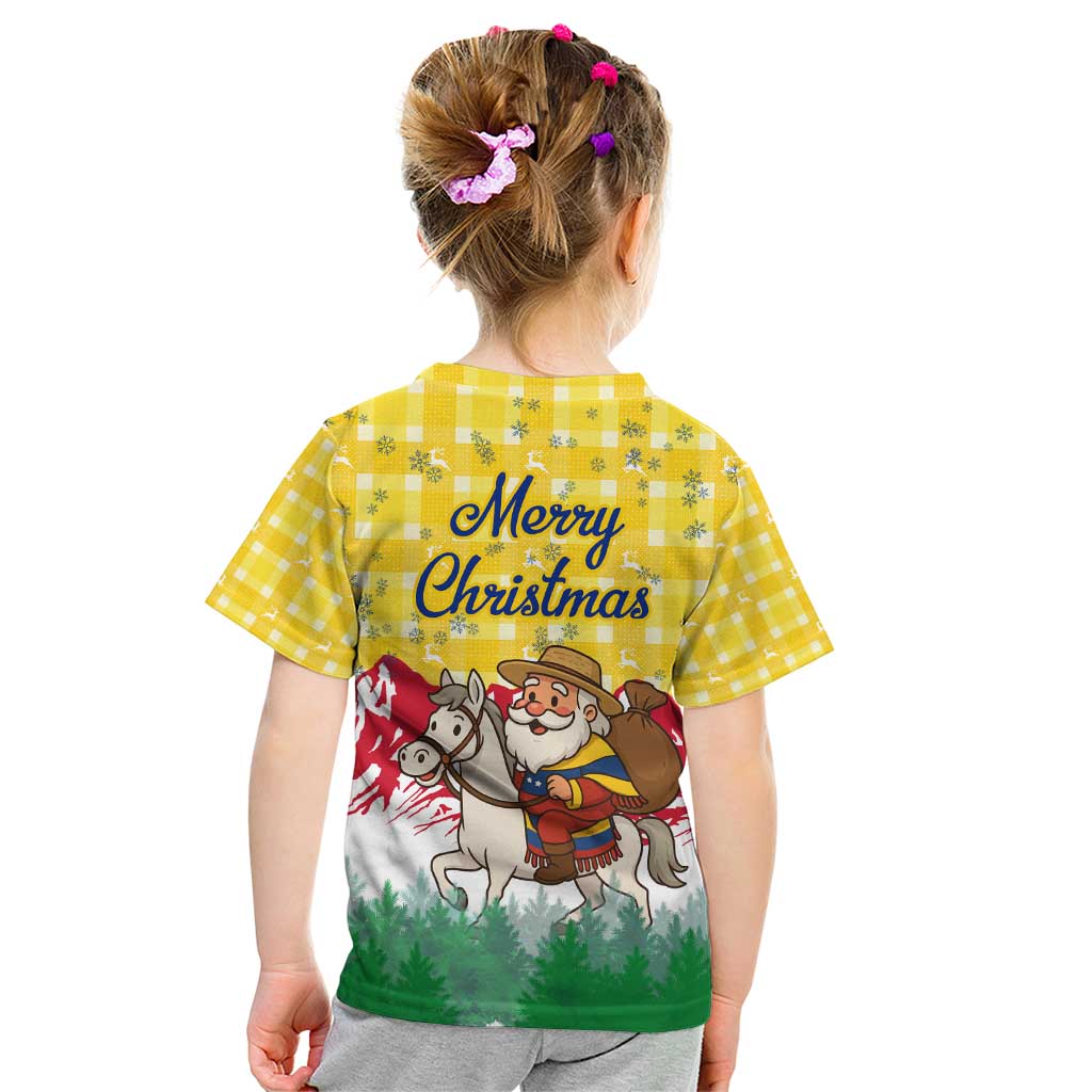 Venezuela Christmas Kid T Shirt with Santa on Horse Traditional Outfit Snowflakes and Yellow Plaid - Wonder Print Shop