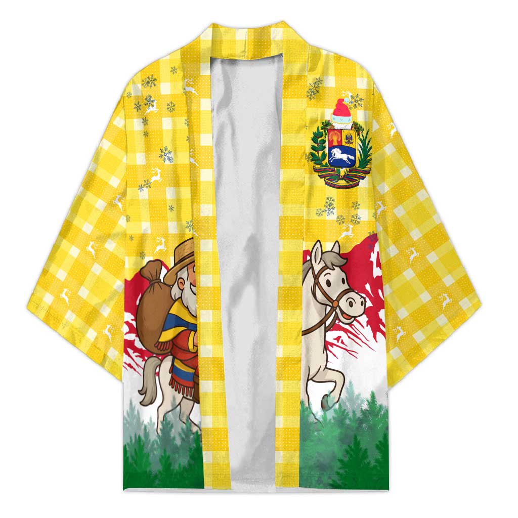 Venezuela Christmas Kimono with Santa on Horse Traditional Outfit Snowflakes and Yellow Plaid - Wonder Print Shop