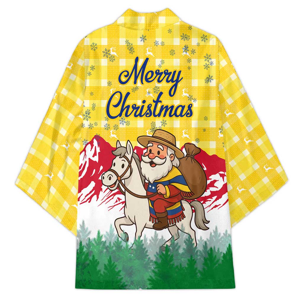 Venezuela Christmas Kimono with Santa on Horse Traditional Outfit Snowflakes and Yellow Plaid - Wonder Print Shop