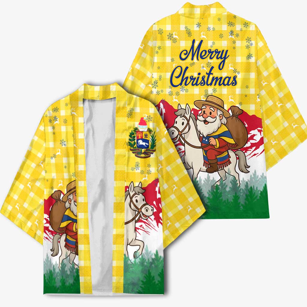 Venezuela Christmas Kimono with Santa on Horse Traditional Outfit Snowflakes and Yellow Plaid - Wonder Print Shop