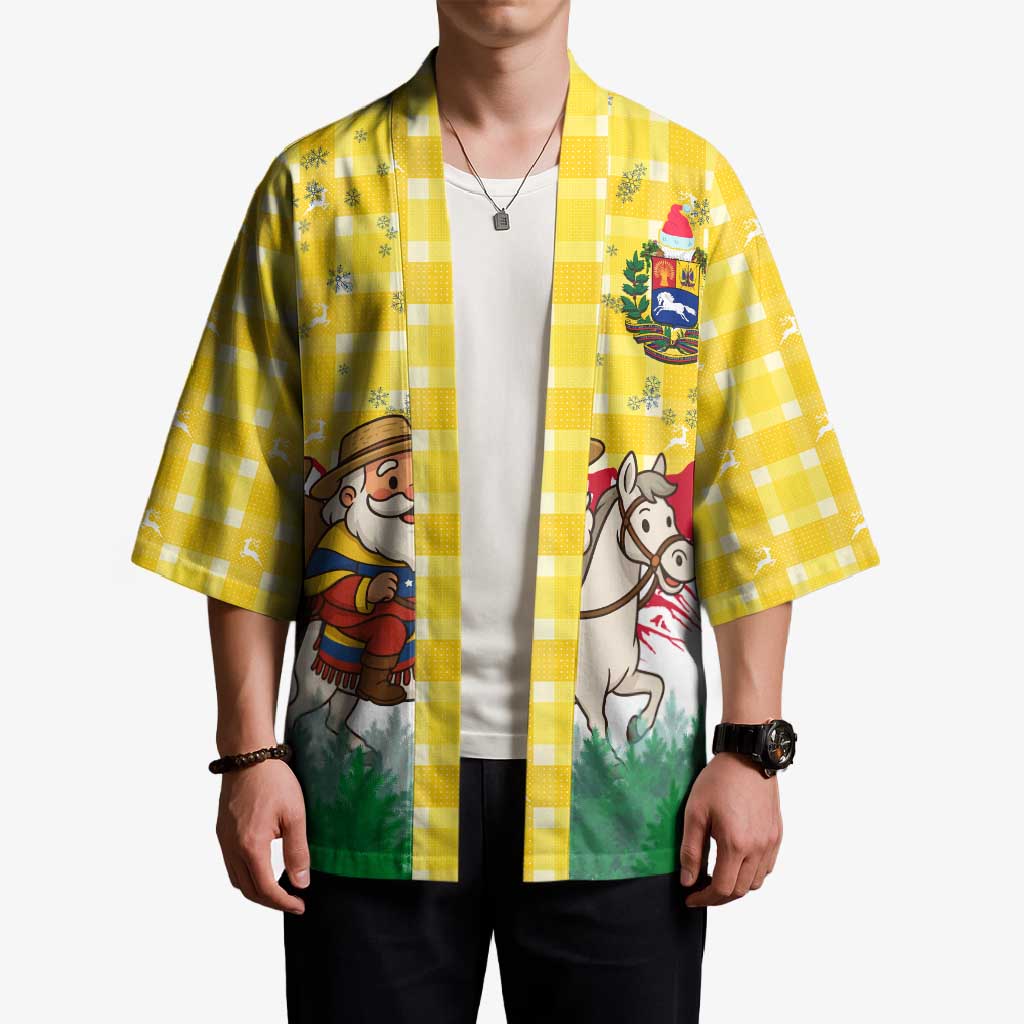 Venezuela Christmas Kimono with Santa on Horse Traditional Outfit Snowflakes and Yellow Plaid - Wonder Print Shop