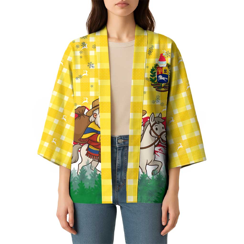 Venezuela Christmas Kimono with Santa on Horse Traditional Outfit Snowflakes and Yellow Plaid - Wonder Print Shop
