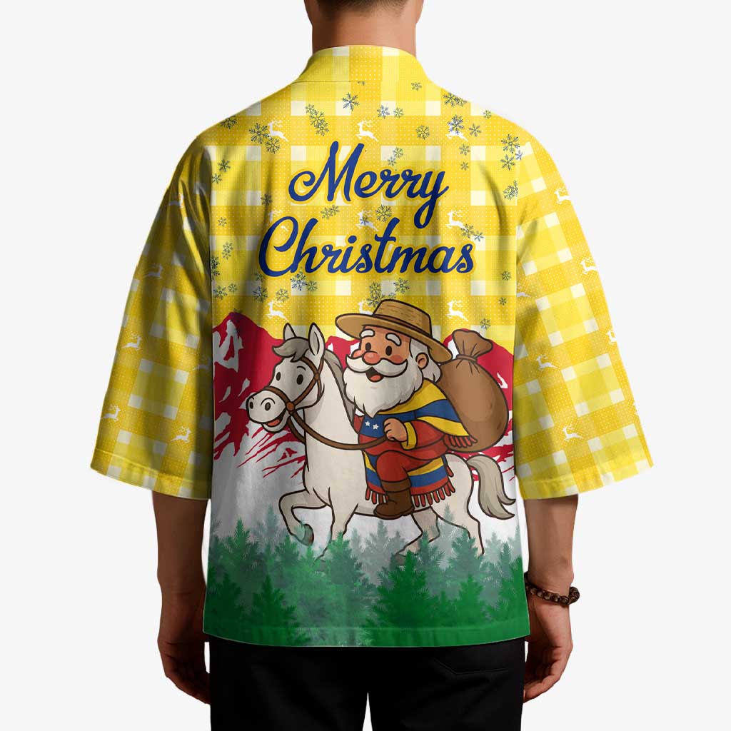 Venezuela Christmas Kimono with Santa on Horse Traditional Outfit Snowflakes and Yellow Plaid - Wonder Print Shop