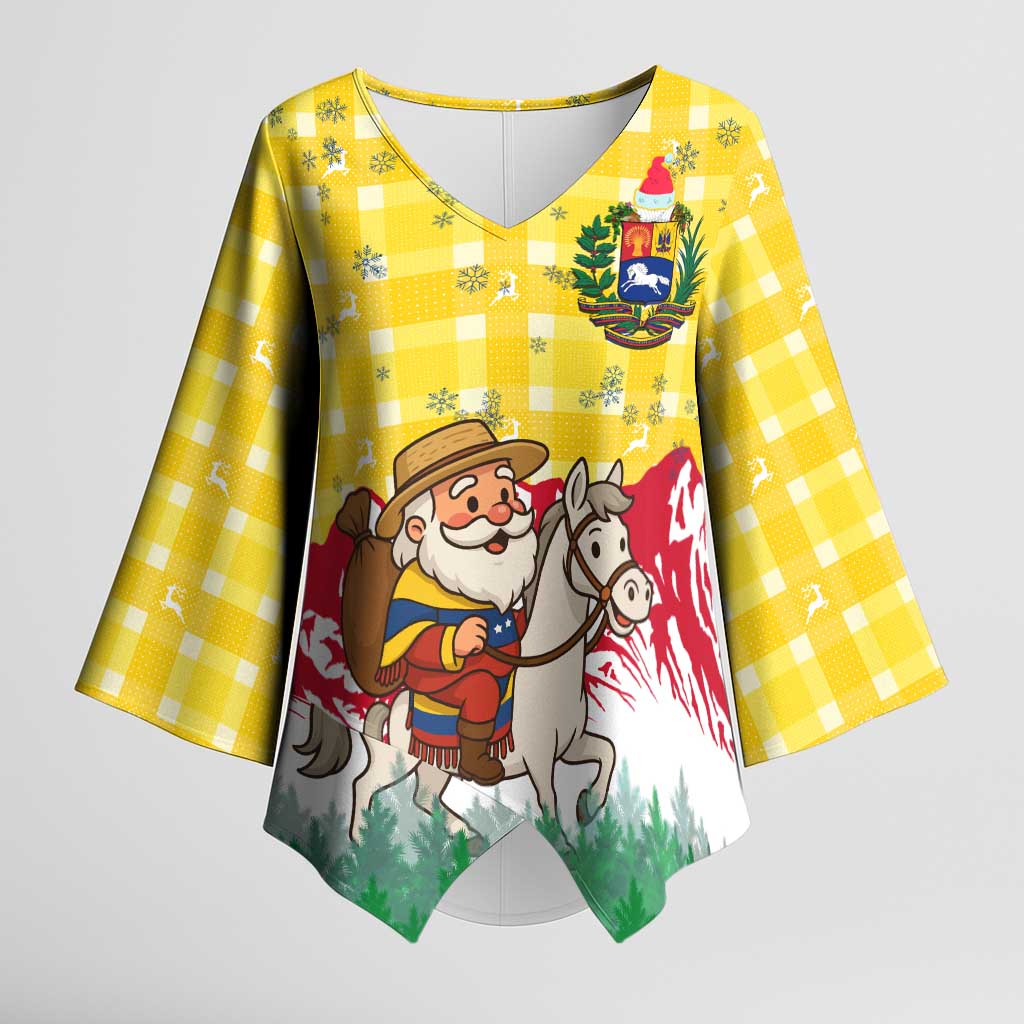 Venezuela Christmas Kimono Sleeve Blouse with Santa on Horse Traditional Outfit Snowflakes and Yellow Plaid - Wonder Print Shop