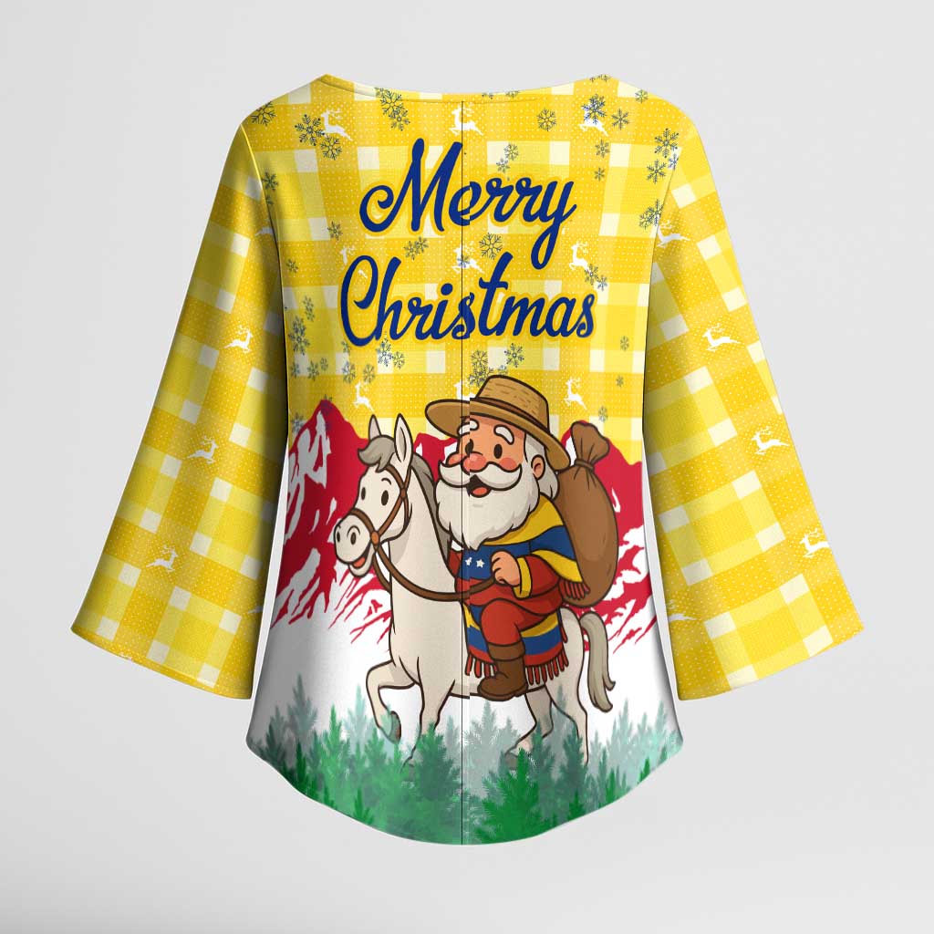 Venezuela Christmas Kimono Sleeve Blouse with Santa on Horse Traditional Outfit Snowflakes and Yellow Plaid - Wonder Print Shop