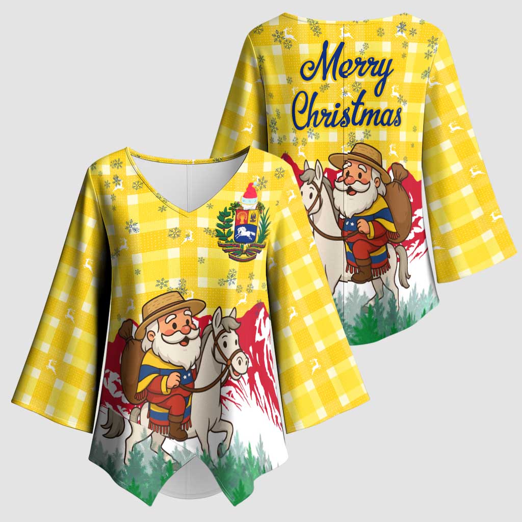 Venezuela Christmas Kimono Sleeve Blouse with Santa on Horse Traditional Outfit Snowflakes and Yellow Plaid - Wonder Print Shop