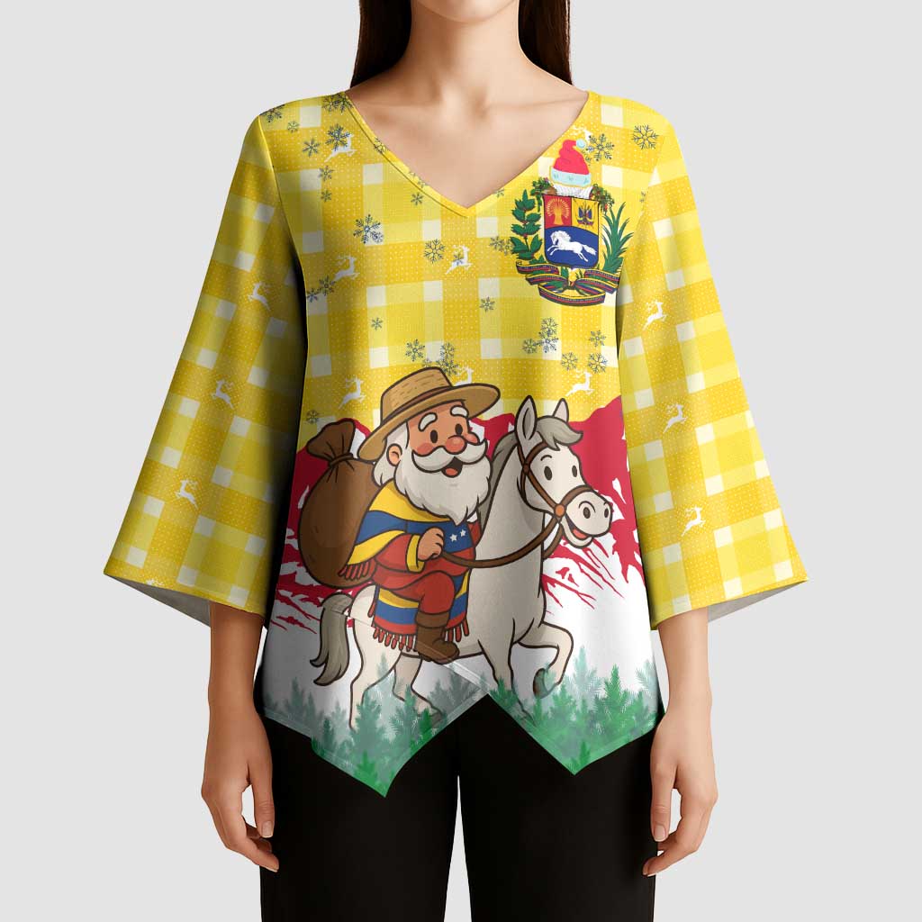 Venezuela Christmas Kimono Sleeve Blouse with Santa on Horse Traditional Outfit Snowflakes and Yellow Plaid - Wonder Print Shop